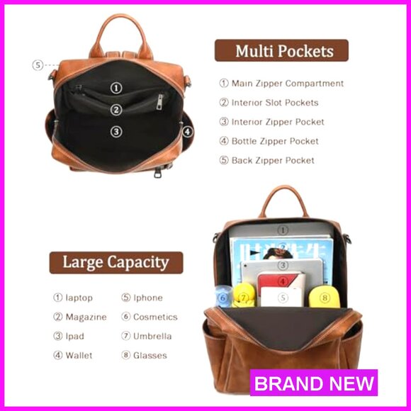 Faux Leather Convertible Backpack Purse, Large Capacity Work Travel Bag